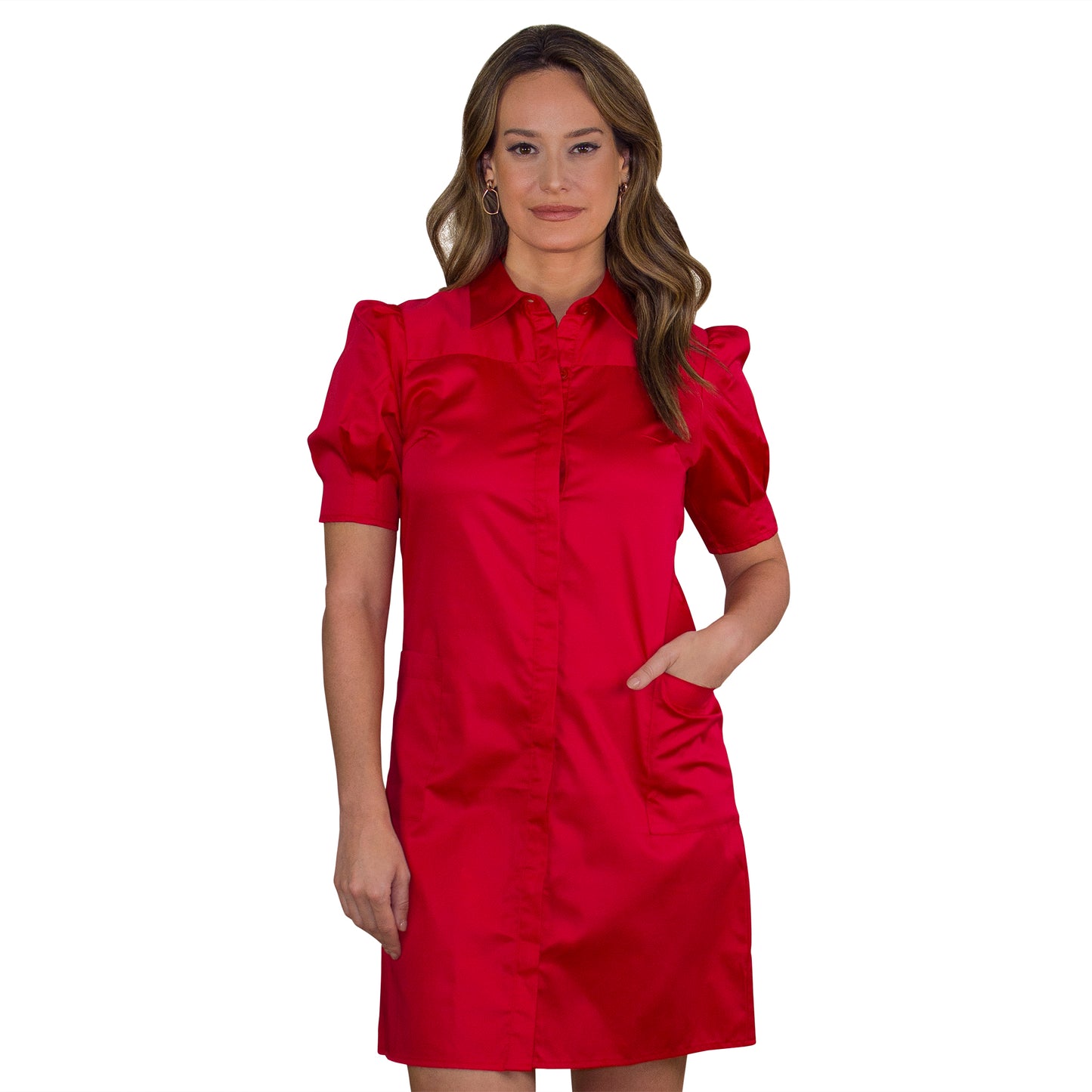 JNK MORGAN Belted Shirtdress with Yoke - Scarlet Sateen Poplin