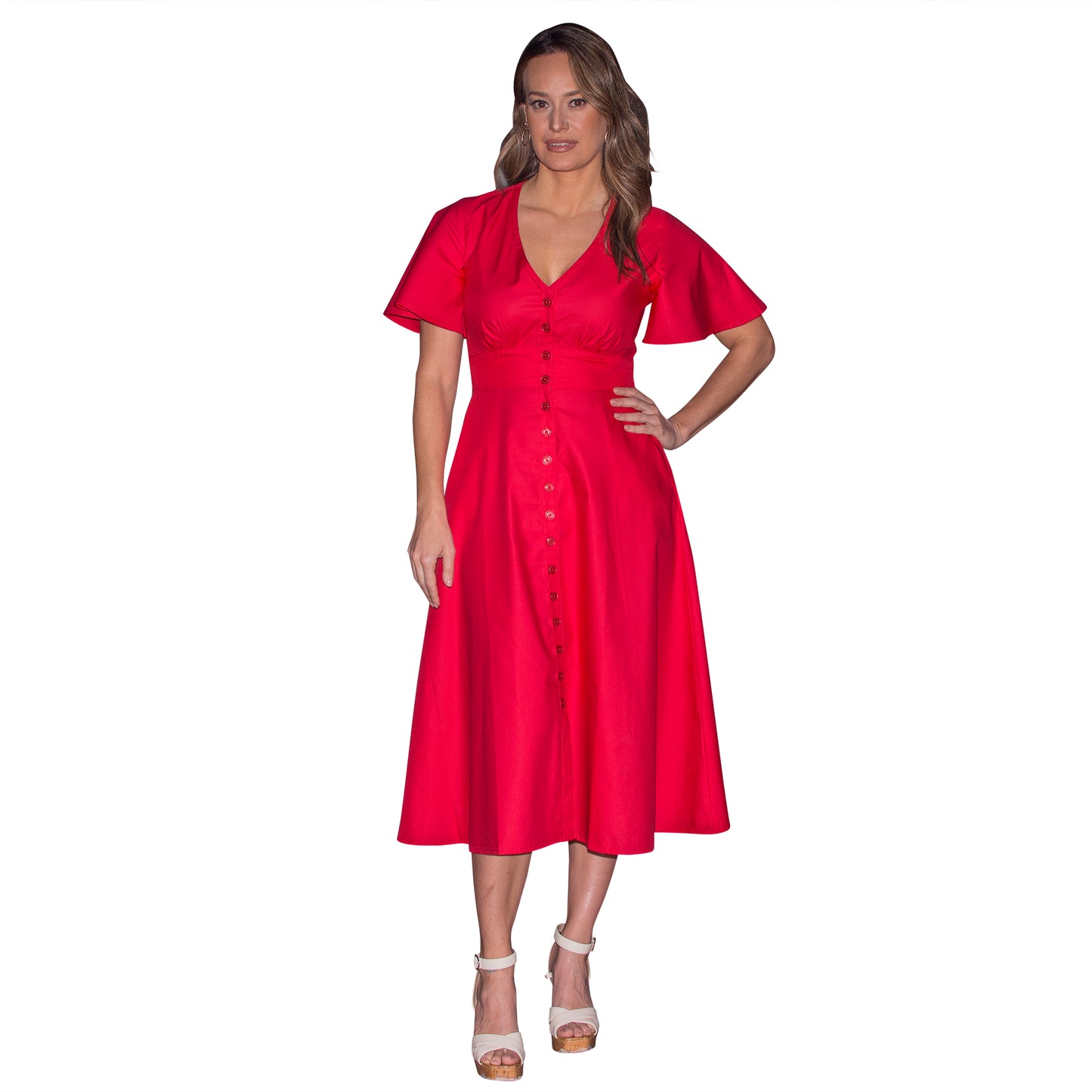 JNK ADELE Bell Sleeve Shirtdress - Scarlet Sateen Poplin
