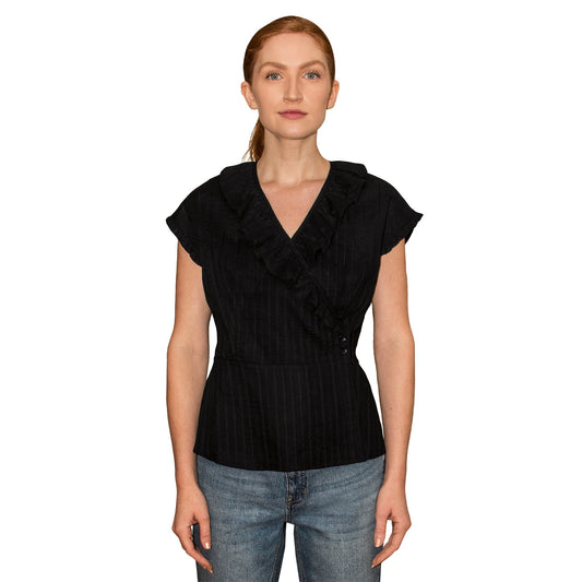 JNK  LILY  Ruffle Wrap Top - Black Jacquard Stripe
