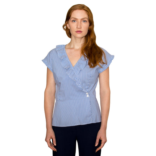 JNK  LILY  Ruffle Wrap Top - Cobalt Stripe Poplin