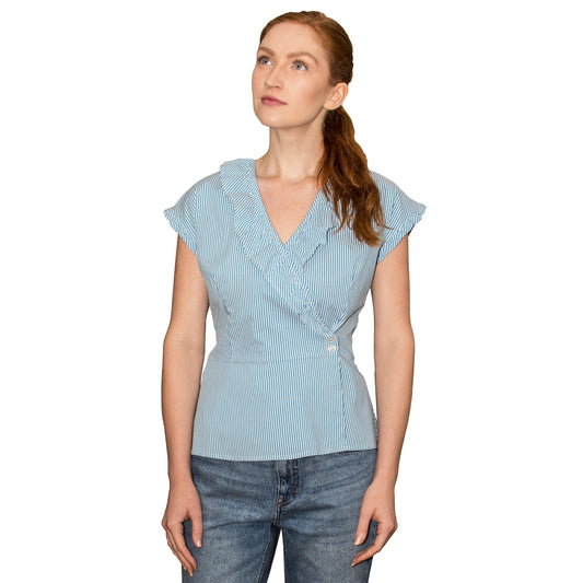 JNK  LILY  Ruffle Wrap Top - Cyan Stripe Poplin