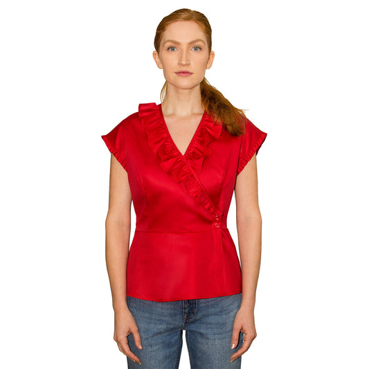 JNK  LILY  Ruffle Wrap Top - Scarlet Poplin Sateen