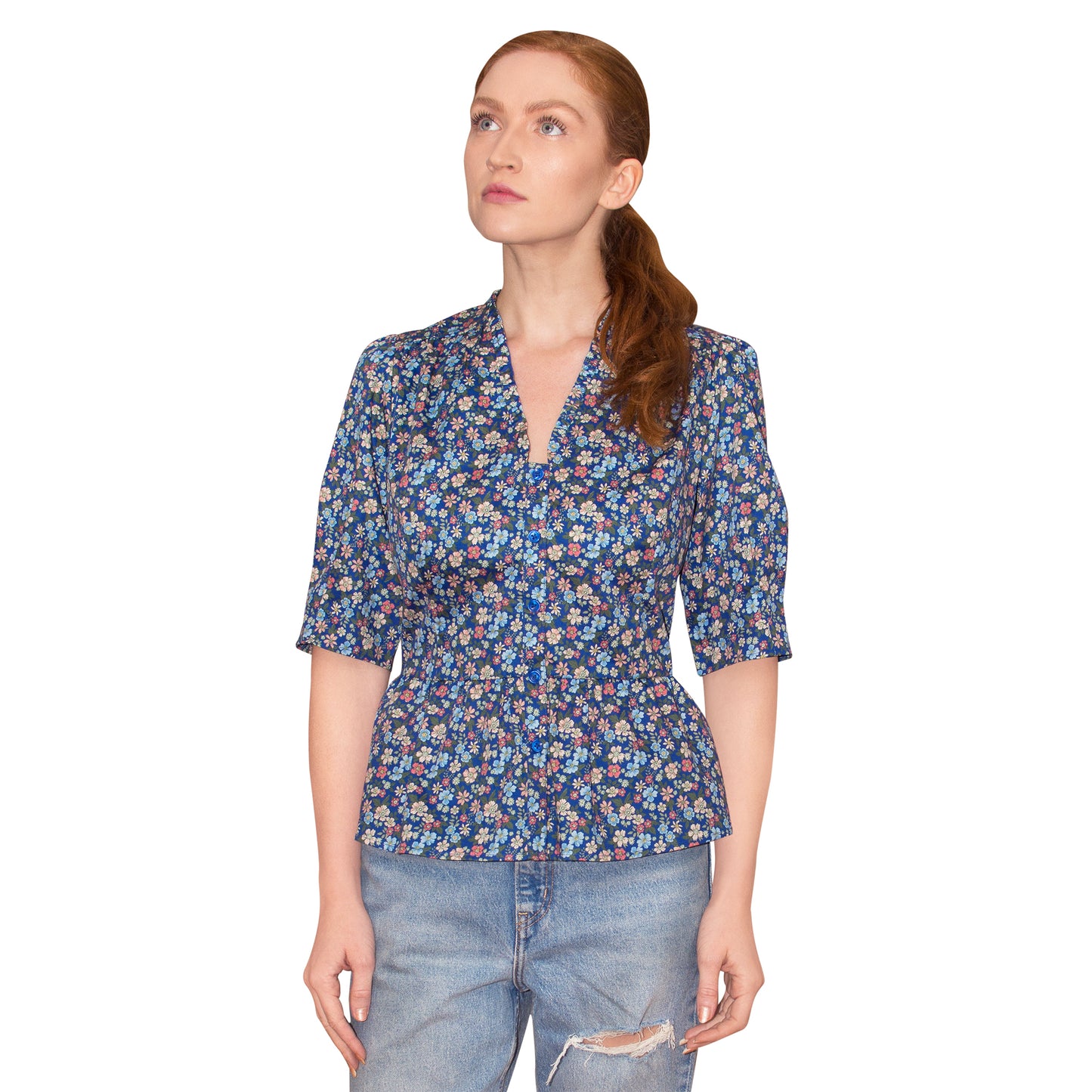 JNK  HANNAH  V-Neck Peplum Blouse - Navy Liberty Floral Print Poplin Sateen