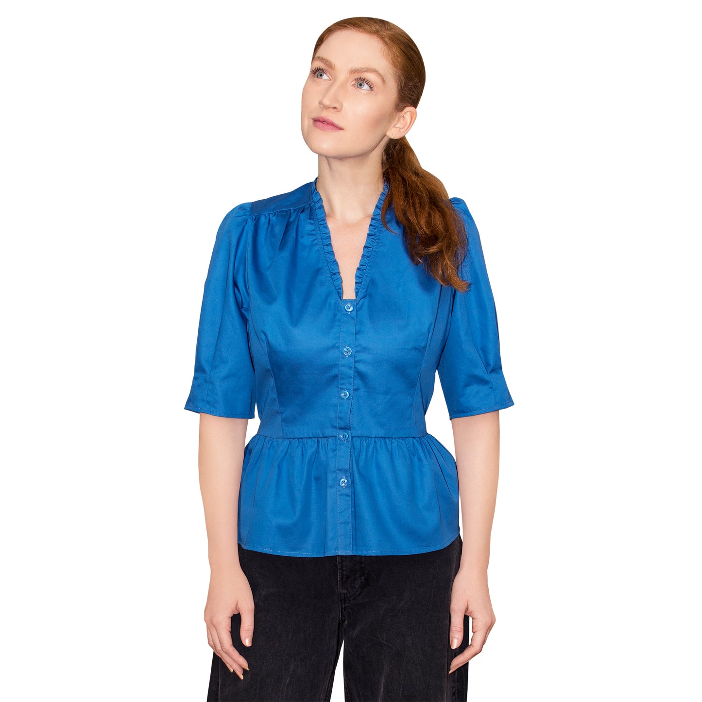 JNK  HANNAH  V-Neck Peplum Blouse - Sapphire Poplin Sateen