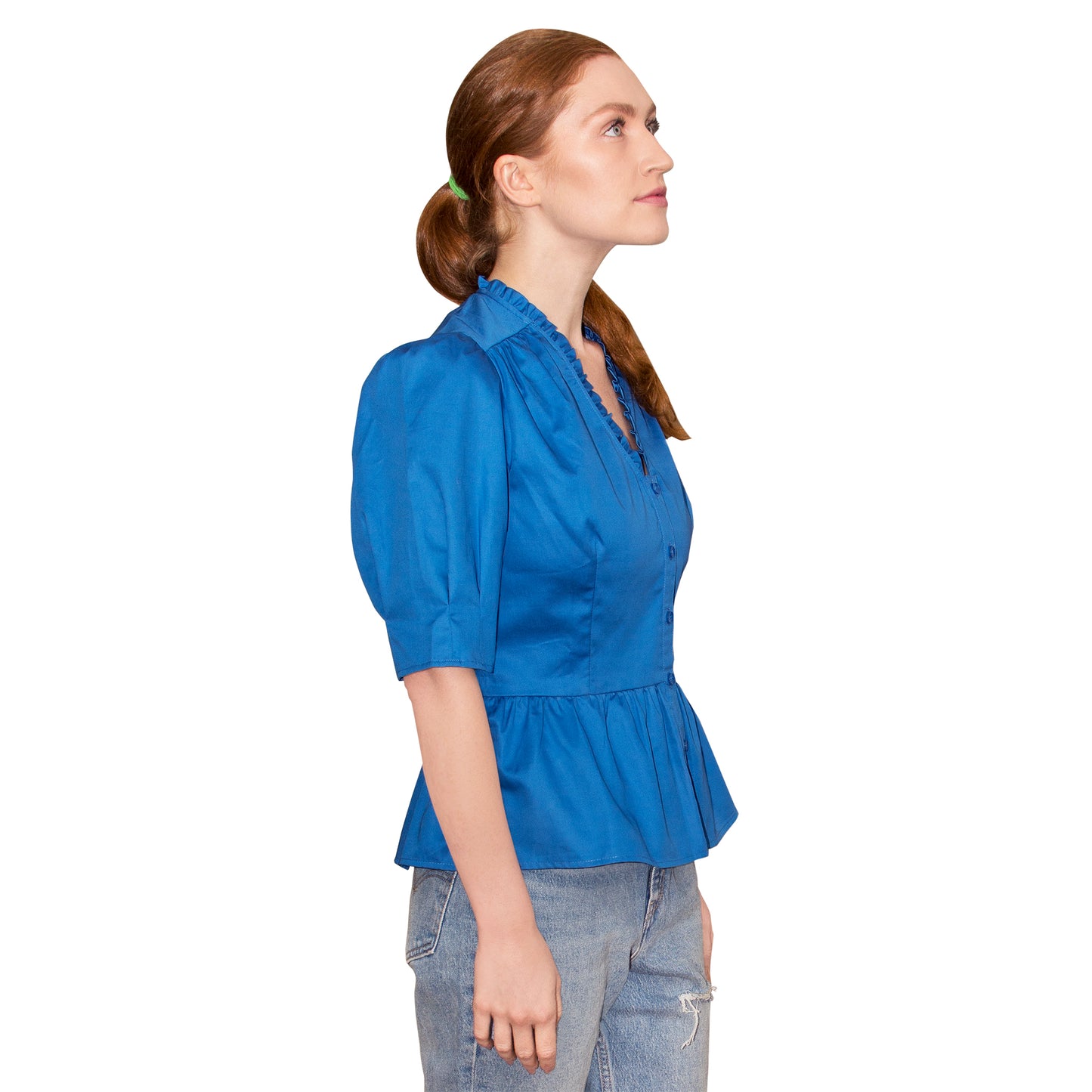 JNK  HANNAH  V-Neck Peplum Blouse - Sapphire Poplin Sateen