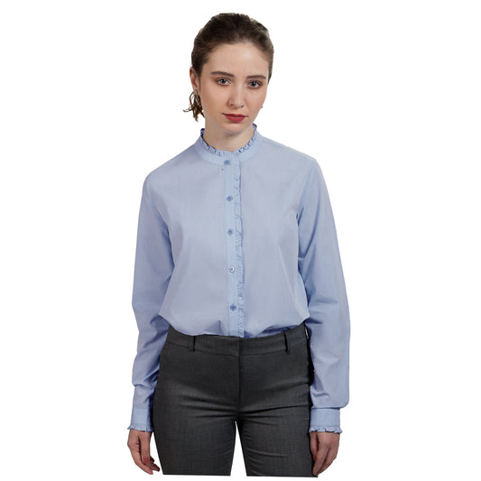 JNK  LOUISE  Fitted Long Sleeve Ruffled Edges Shirt - Solid Cool Blue Poplin