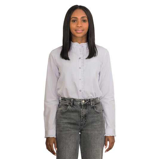 JNK  LOUISE  Fitted Long Sleeve Ruffled Edges Shirt - Solid Dove Gray Poplin