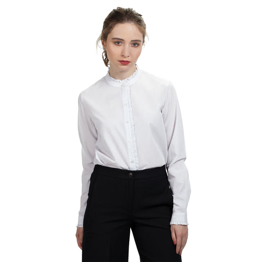 JNK  LOUISE  Fitted Long Sleeve Ruffled Edges Shirt - Solid White Poplin