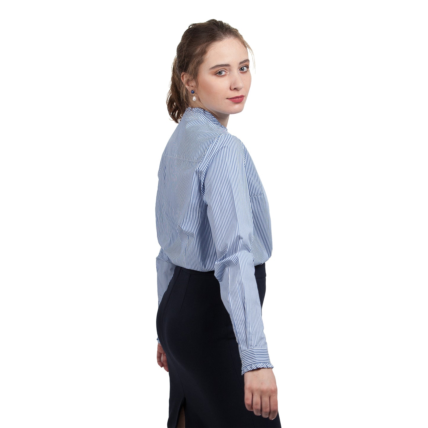 JNK  LOUISE  Ruffled Edges Shirt - Cobalt Stripe Poplin